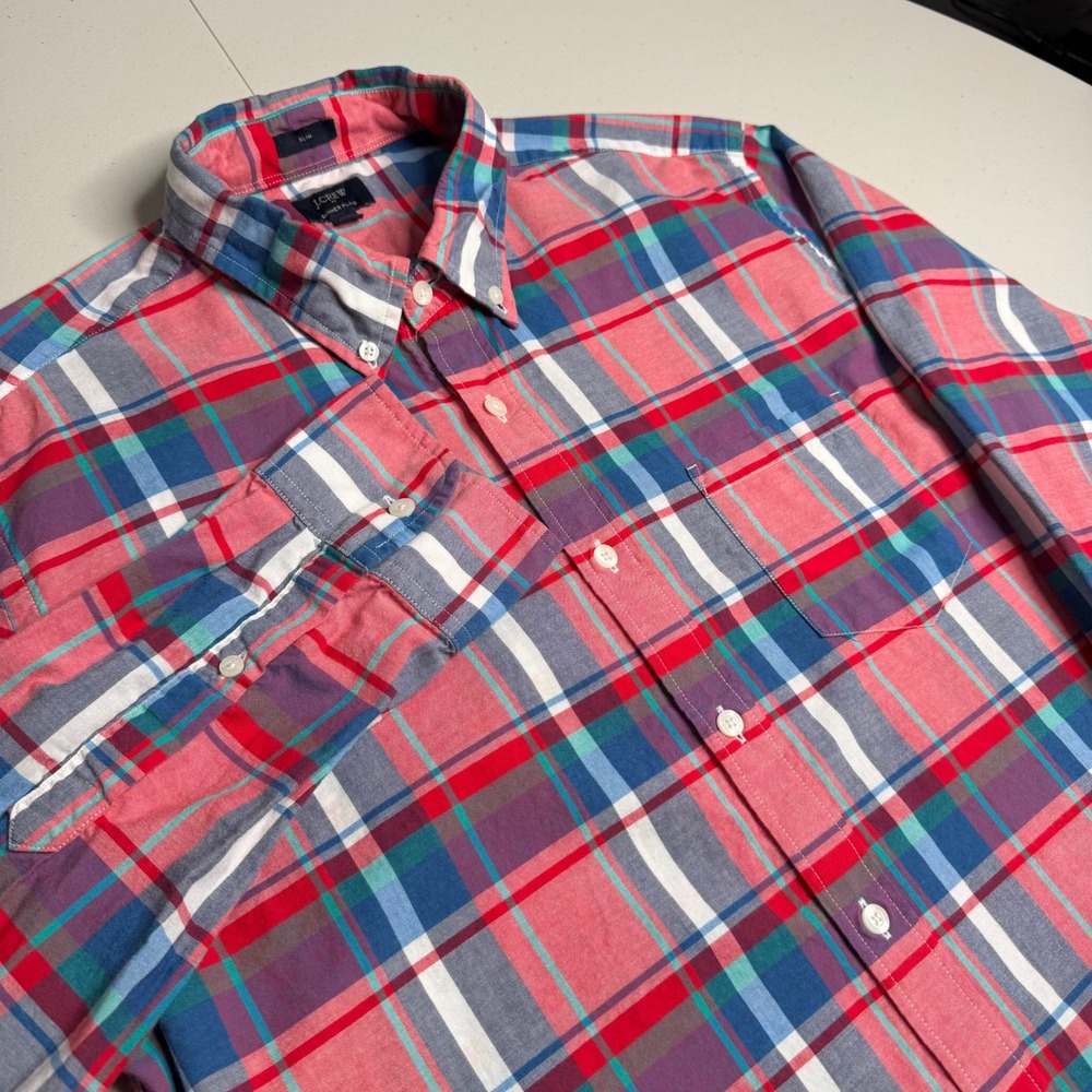J.Crew Mens XL Slim Summer Plaid Button Down Shirt Pink Blue Cotton